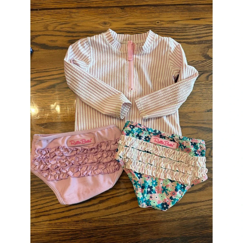 RuffleButts Swimsuit Set Kids 18-24M Pink Seersucker Rash Guard Ruffle Bottoms